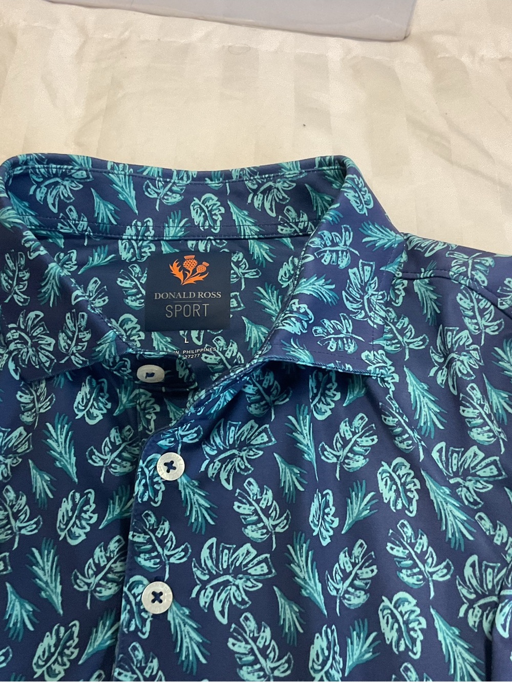Men's Donald Ross Blue Tropical Print Golf Shirt
